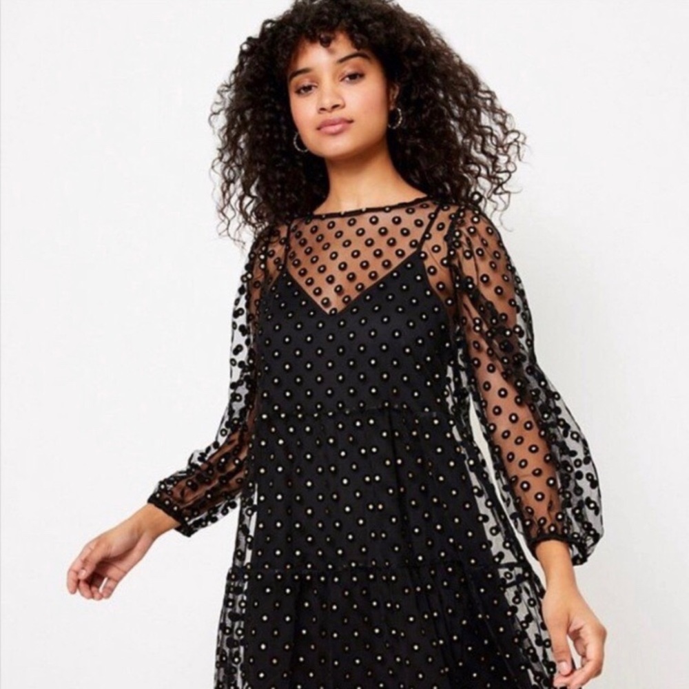 NWT LOFT dress polka dot sheer gold black | petite small